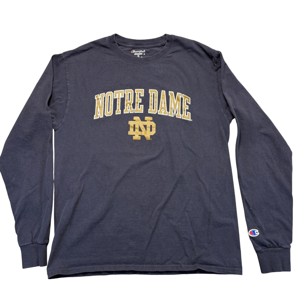 Champion Notre Dame Fighting Irish Navy Long Sleeve T-Shirt Mens Medium Gold ND